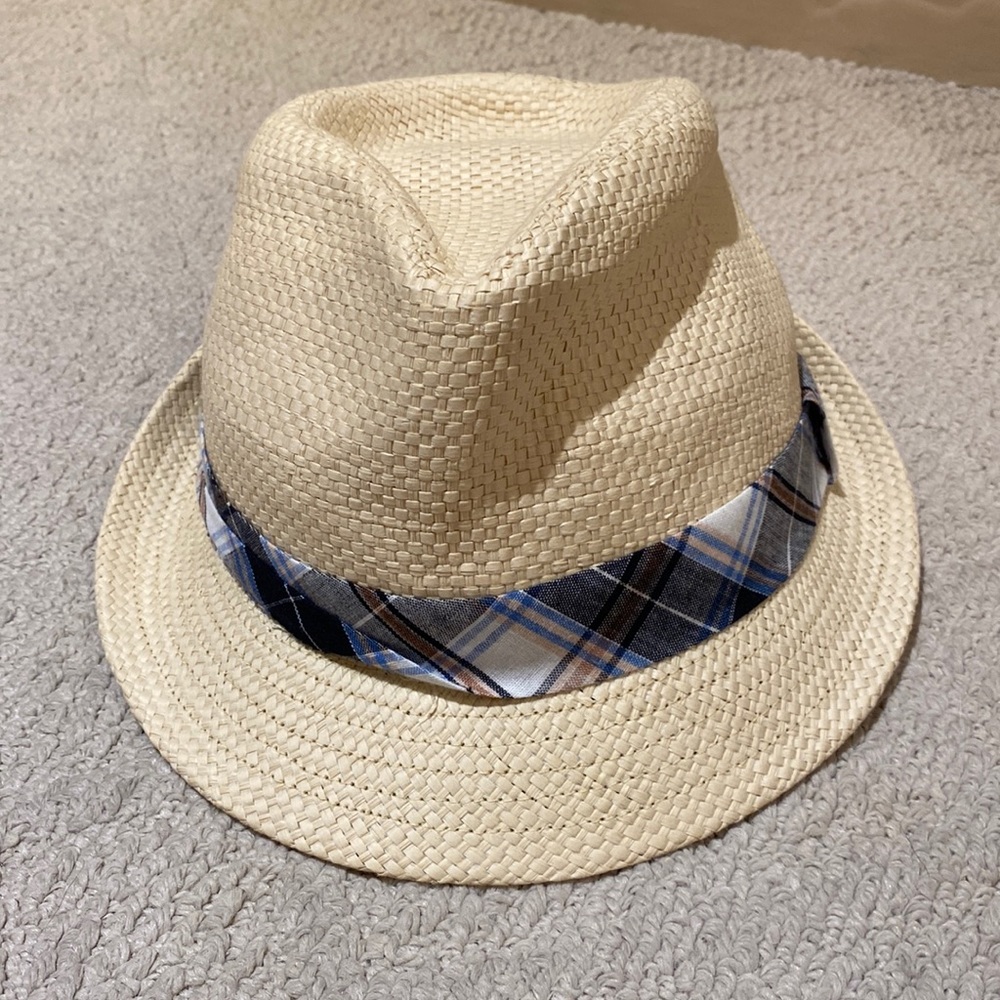 US POLO ASSOCIATION - worn once, wicker fedora with blue patterned stripe